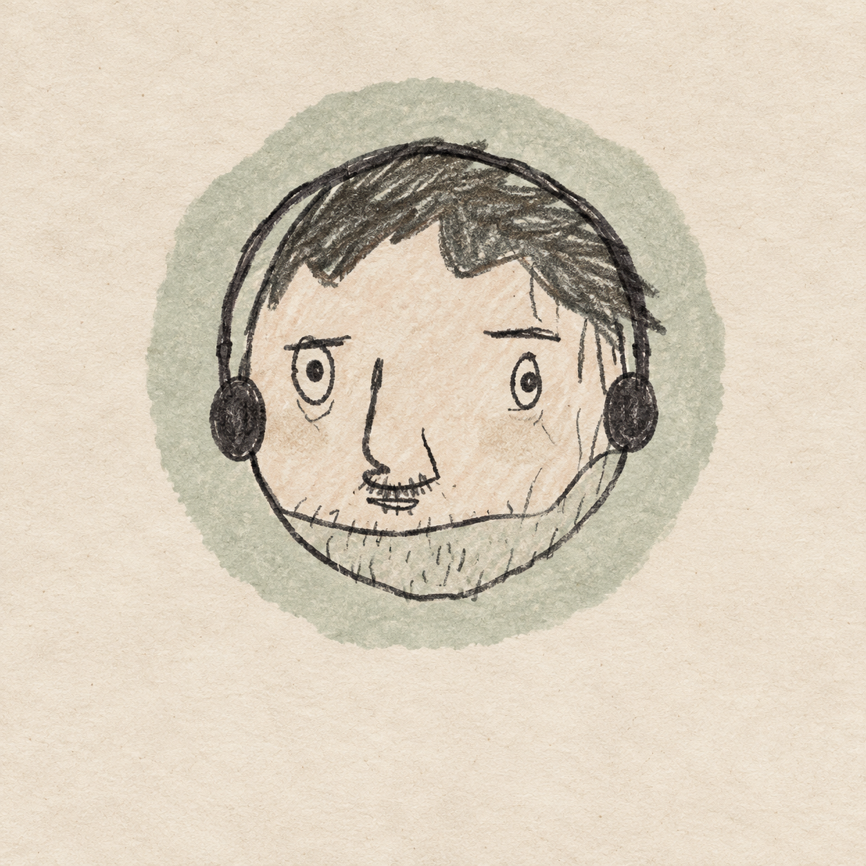 A hand-drawn character wearing headphones