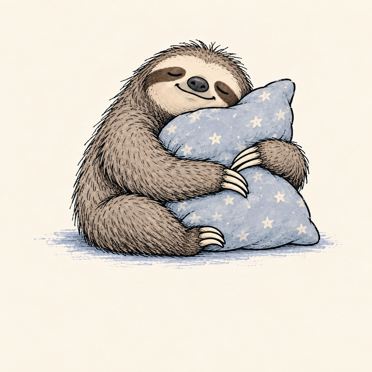 A sleepy sloth cuddling a pillow