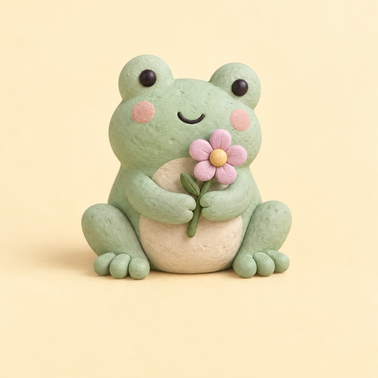 A clay frog holding a pink flower