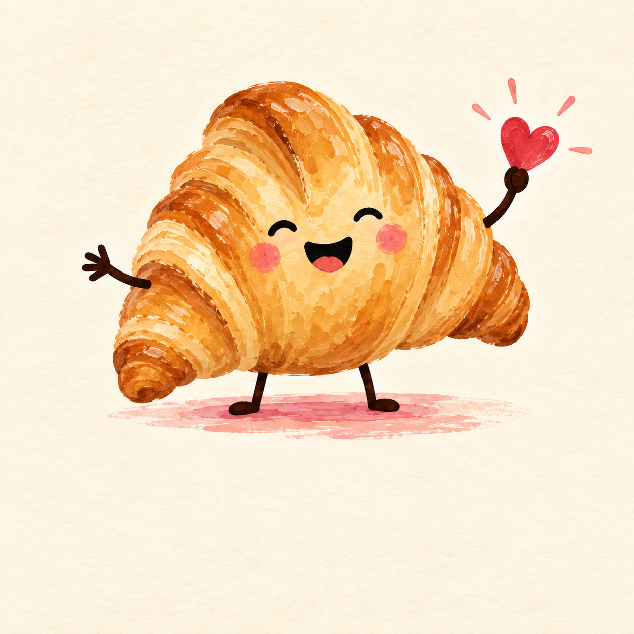 A smiling croissant holding a heart