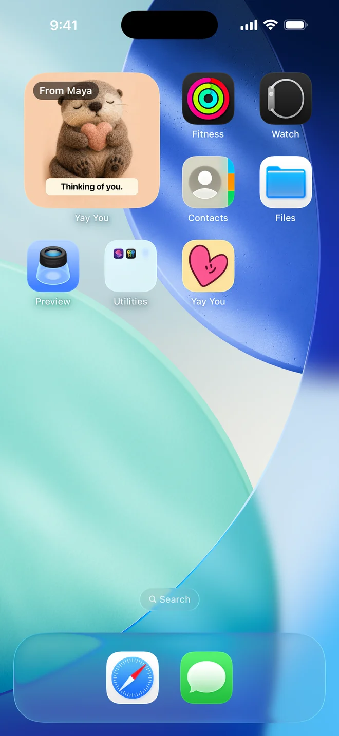Actual Yay You widget on an iPhone Home Screen, with an otter card saying Thinking of you, from Maya